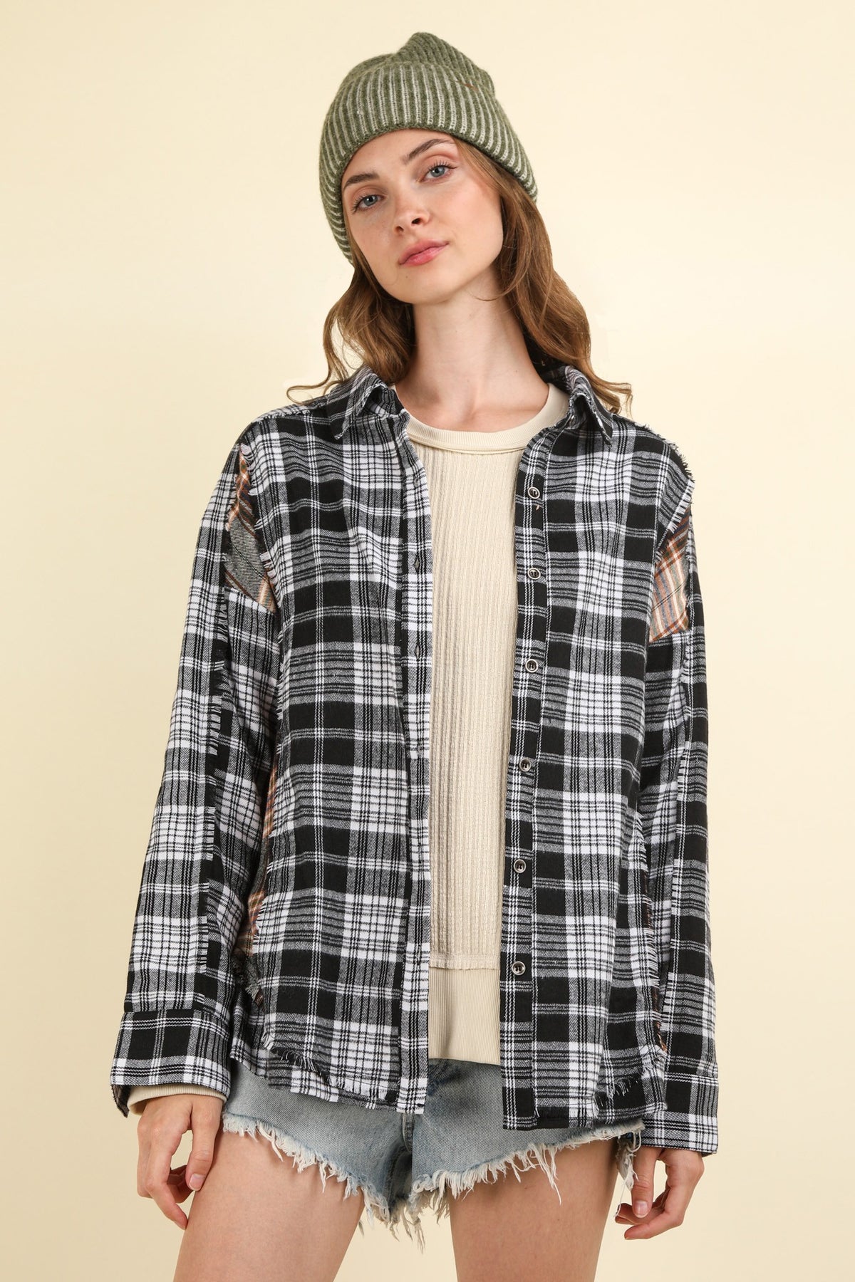 Contrast Plaid Detail Casual Shirt Top - (Black)