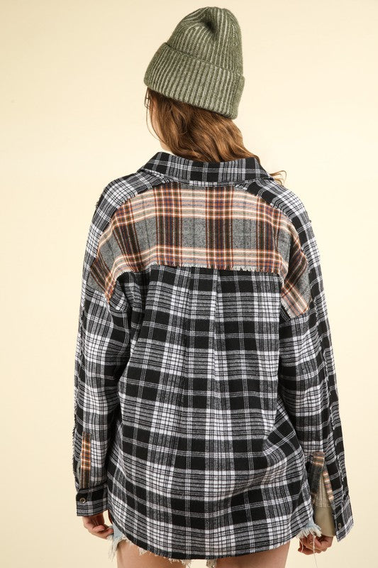 Contrast Plaid Detail Casual Shirt Top - (Black)