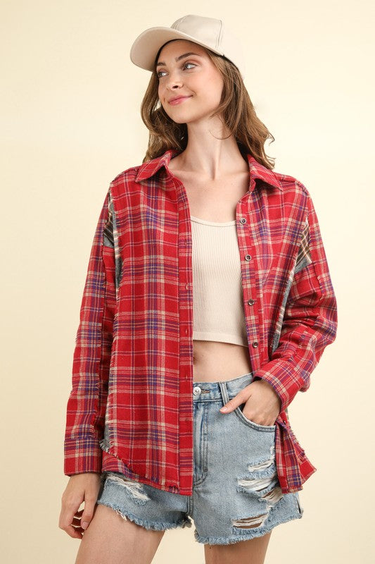 Contrast Plaid Detail Casual Shirt Top - (Red)