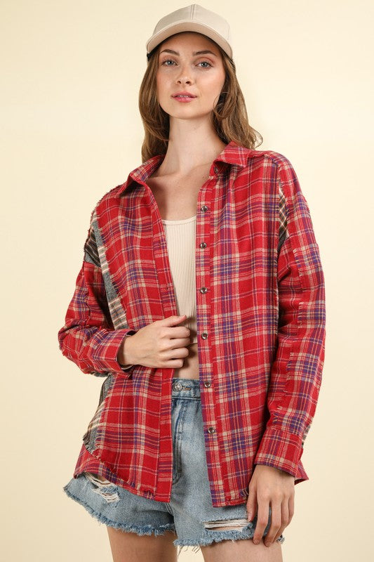 Contrast Plaid Detail Casual Shirt Top - (Red)