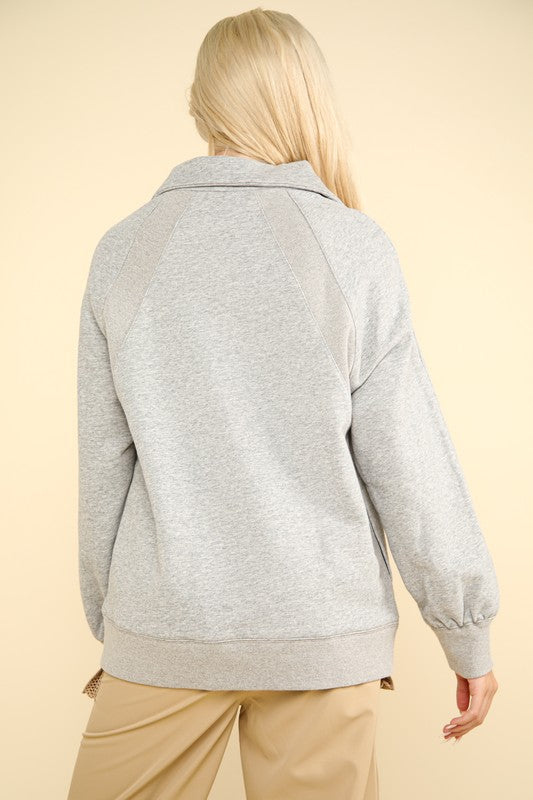 Oversized Sweatshirt Henley Knit Top - (Heather Gray)