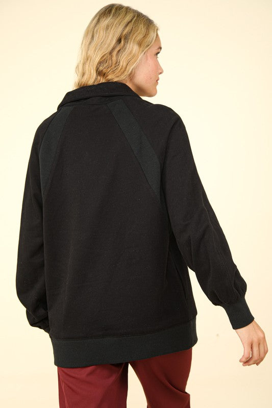 Oversized Sweatshirt Henley Knit Top - (Black)