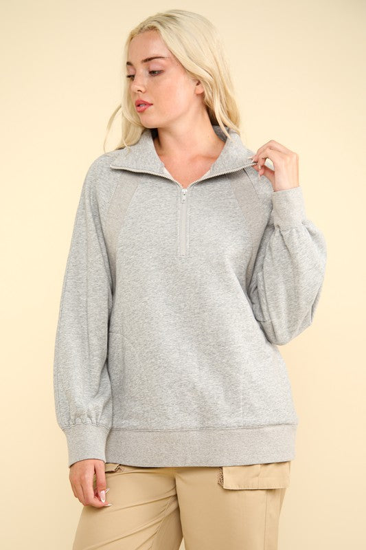 Oversized Sweatshirt Henley Knit Top - (Heather Gray)