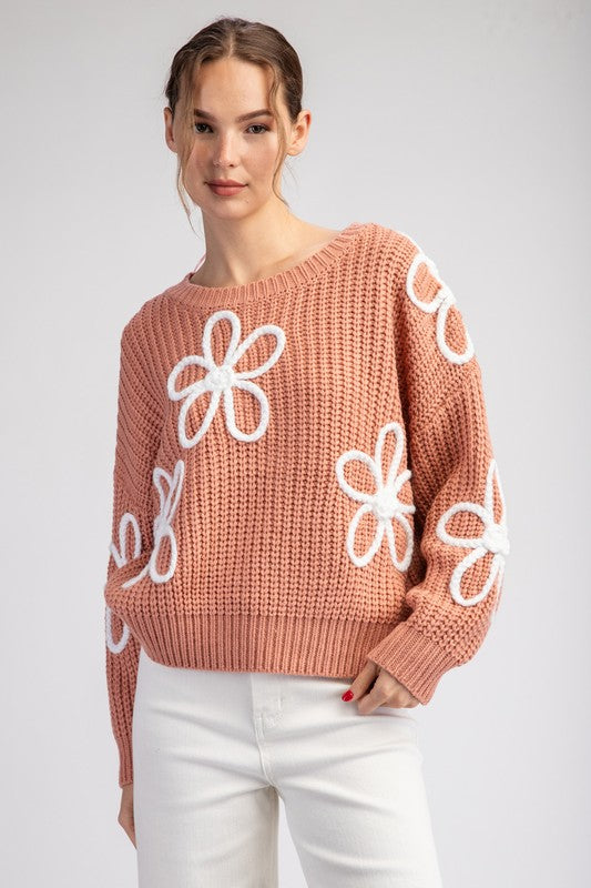 FLOWER STITCH LONG SLEEVE SWEATER TOP - (Apricot)