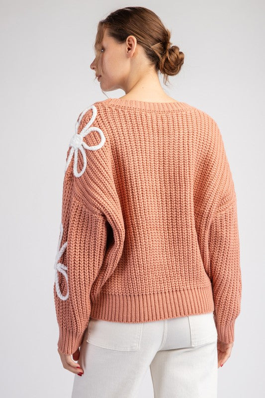 FLOWER STITCH LONG SLEEVE SWEATER TOP - (Apricot)