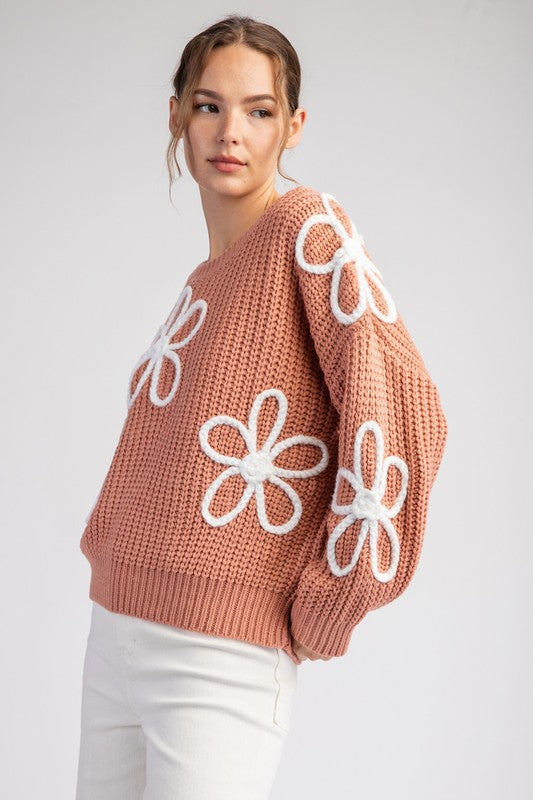 FLOWER STITCH LONG SLEEVE SWEATER TOP - (Apricot)