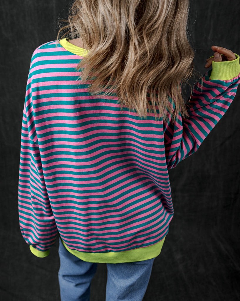 Stripe Contrast Trim Pullover Sweatshirt - (Green)