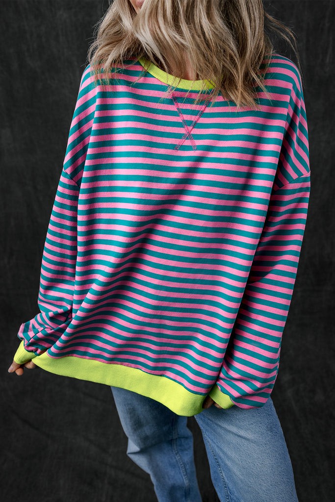 Stripe Contrast Trim Pullover Sweatshirt - (Green)