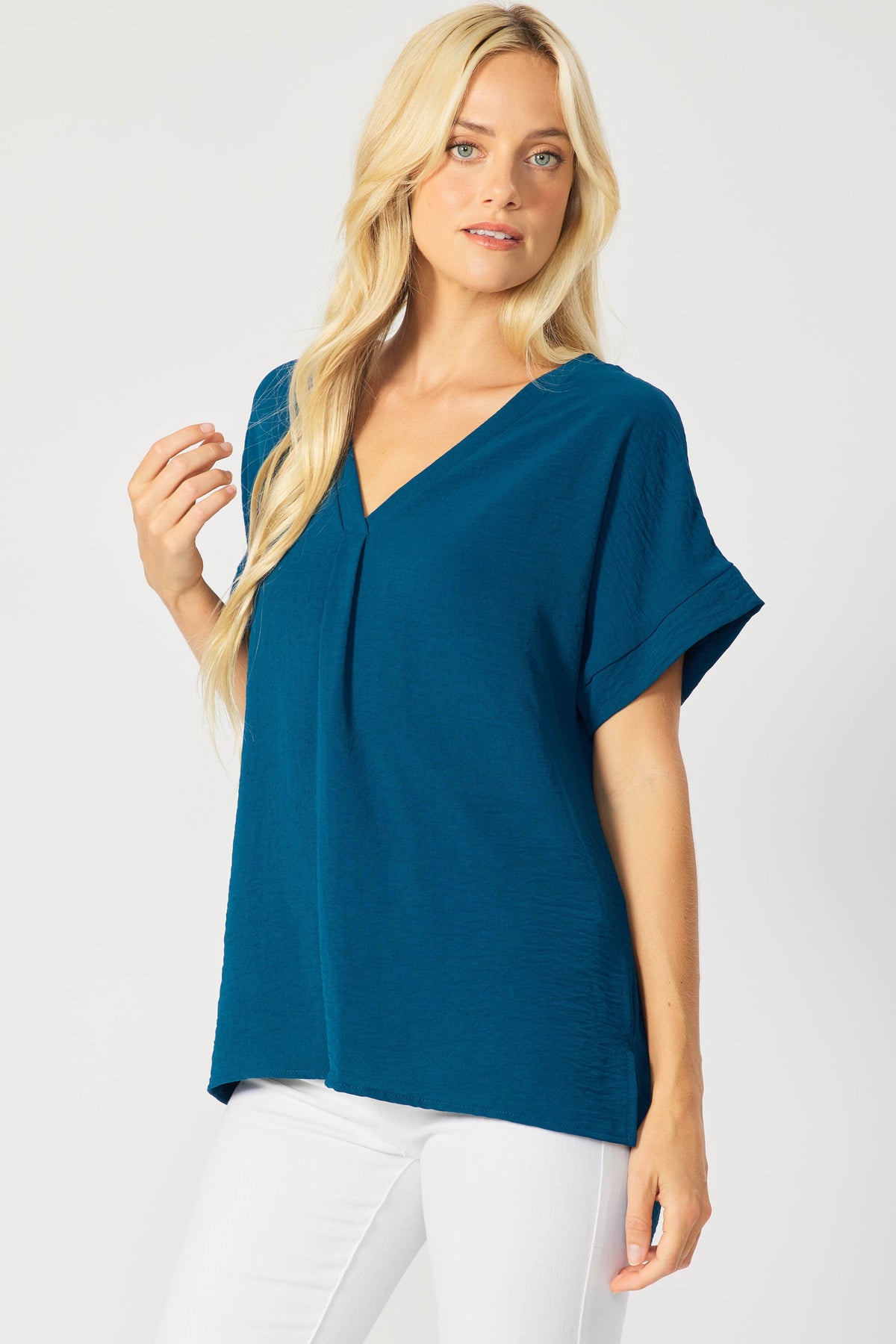 Solid V Neck Blouse - (Teal)