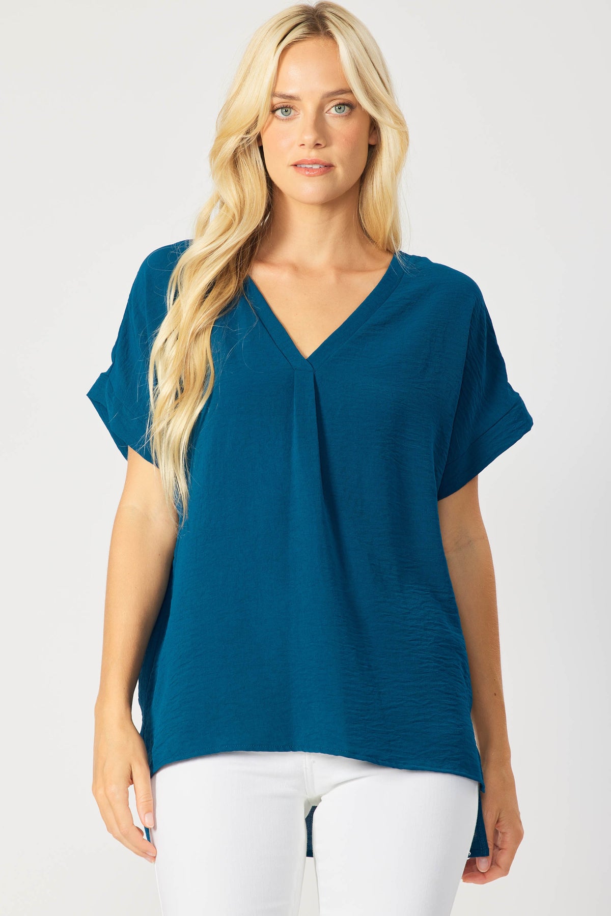 Solid V Neck Blouse - (Teal)