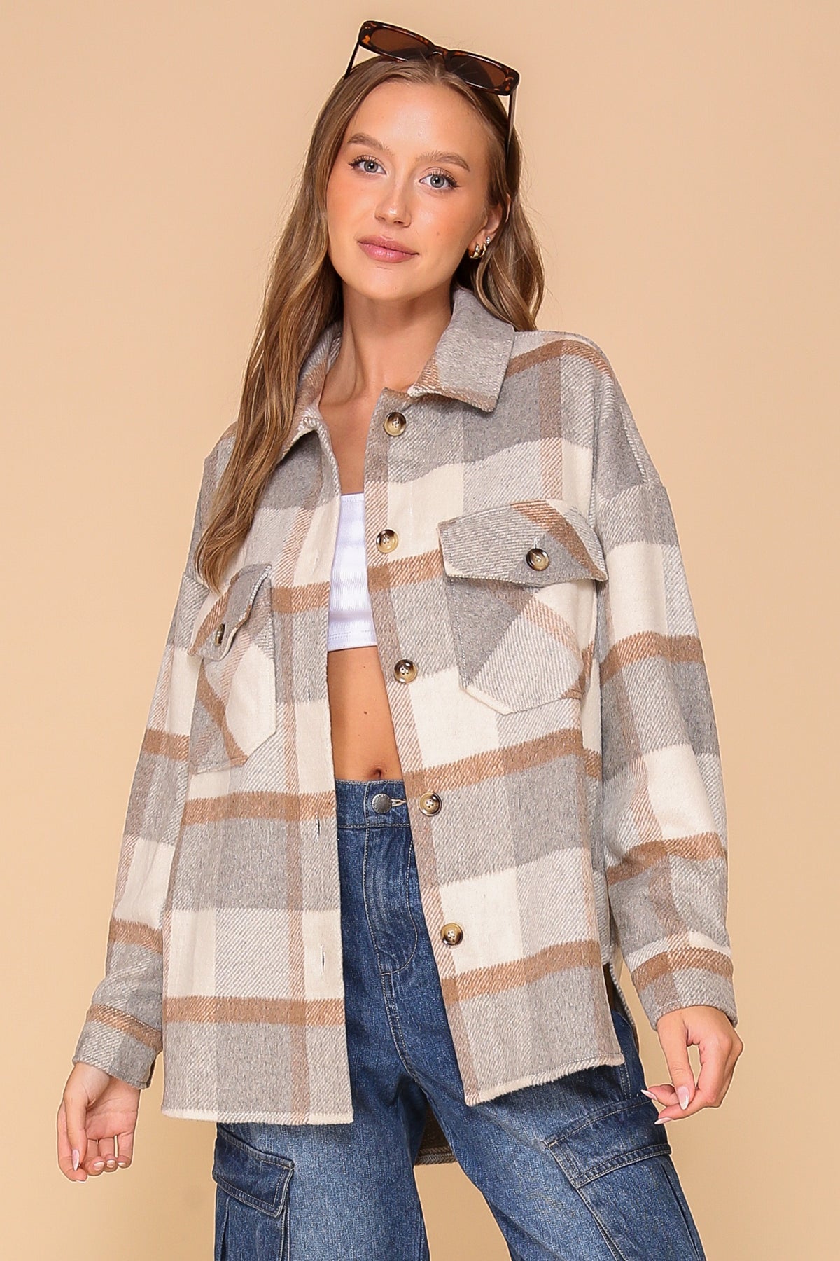 Fall Days Plaid Print Shacket - (Grey/Taupe)