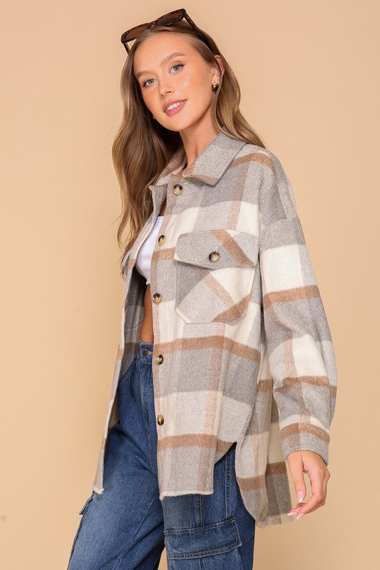 Fall Days Plaid Print Shacket - (Grey/Taupe)