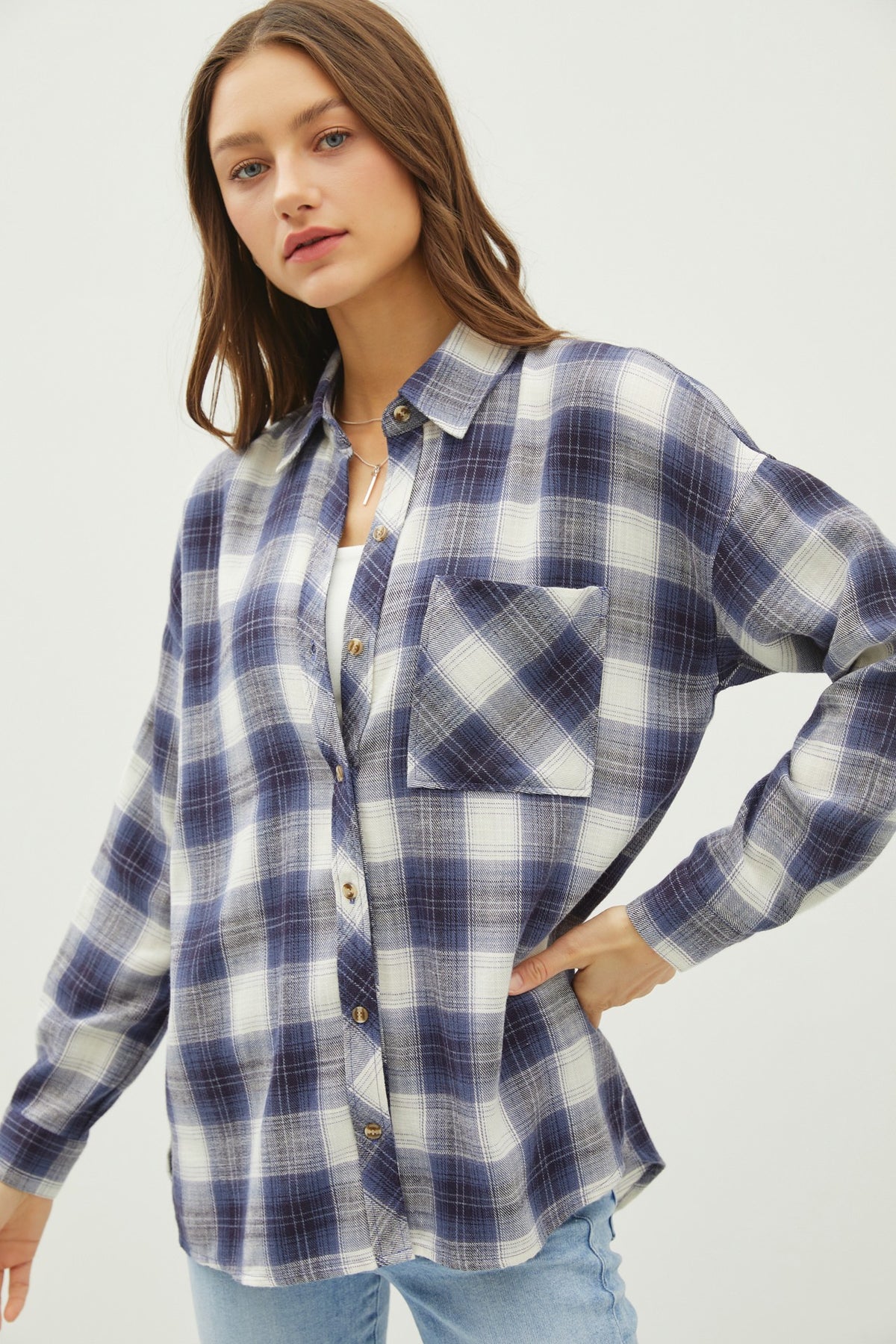 PLAID FLANNEL LONG SLEEVE BUTTON DOWN - (Blue)