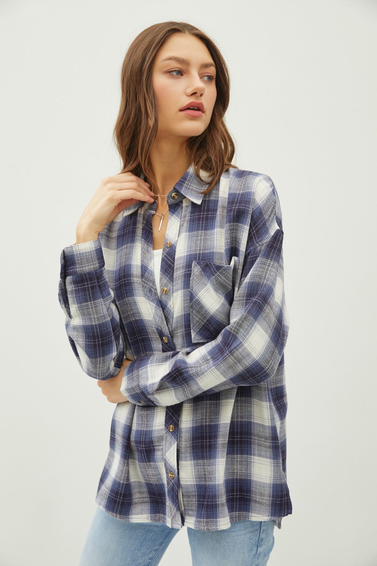 PLAID FLANNEL LONG SLEEVE BUTTON DOWN - (Blue)