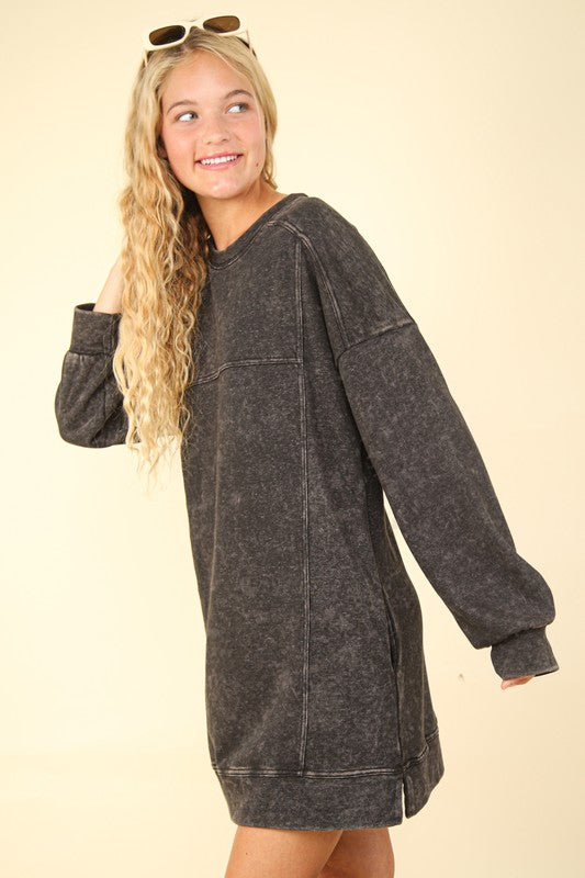 Mineral Washed Oversized Sweatshirt Mini Dress - (Black)