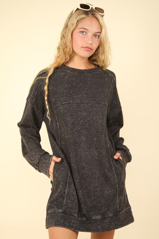 Mineral Washed Oversized Sweatshirt Mini Dress - (Black)