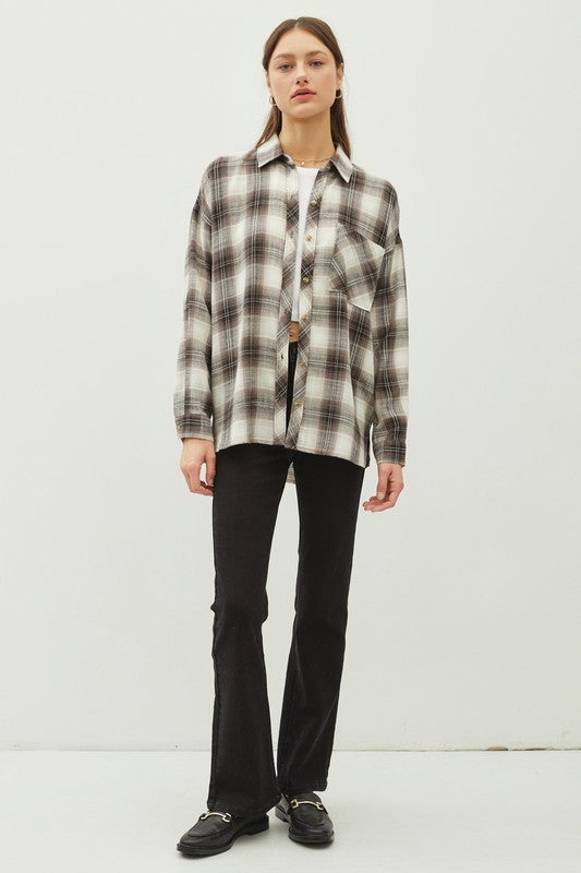 PLAID FLANNEL LONG SLEEVE BUTTON DOWN - (Charcoal)