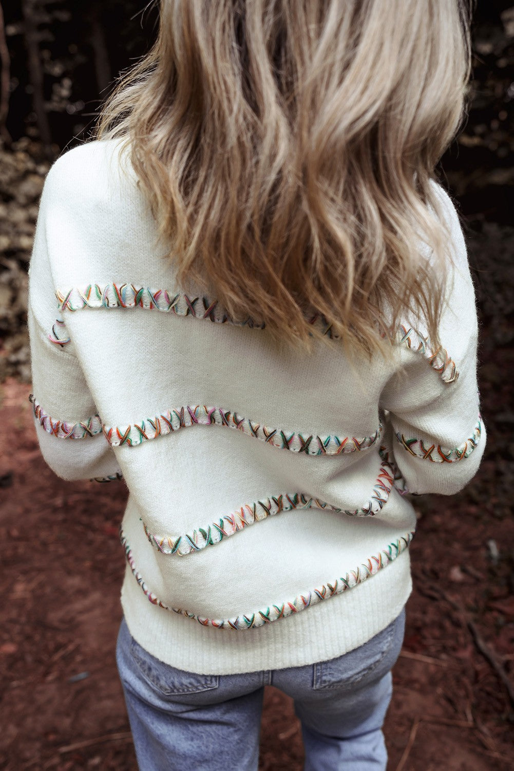 Colorful Crossed Stitch Sweater - (White)