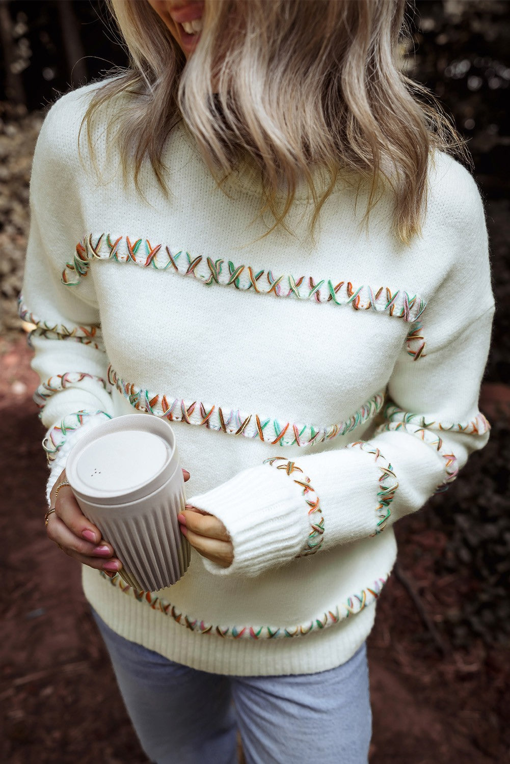 Colorful Crossed Stitch Sweater - (White)