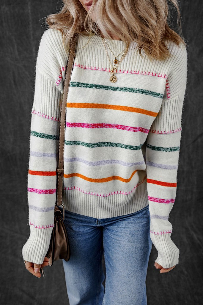 Stripe Ribbed Trim Sweater - (White) RESTOCK