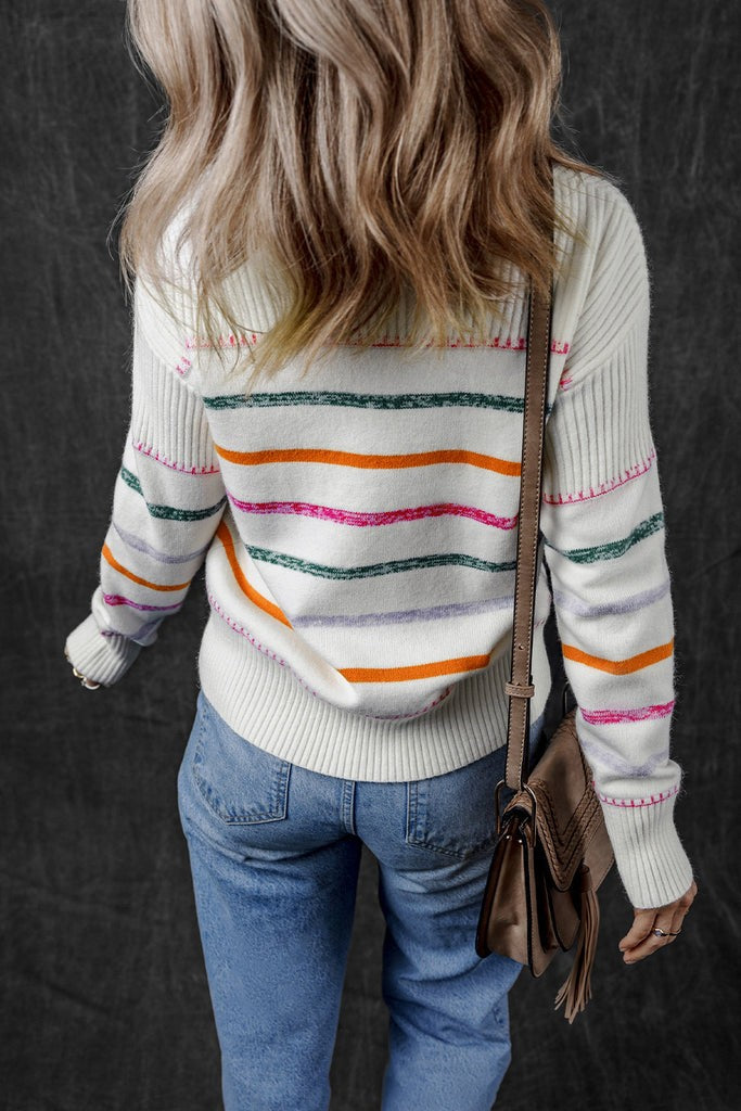 Stripe Ribbed Trim Sweater - (White) RESTOCK