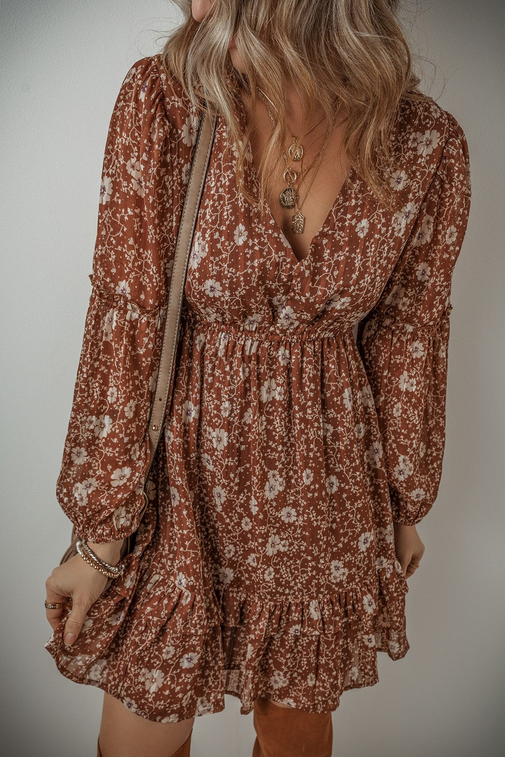 Boho Floral Ruffled Puff Sleeve Dress - (Brown)