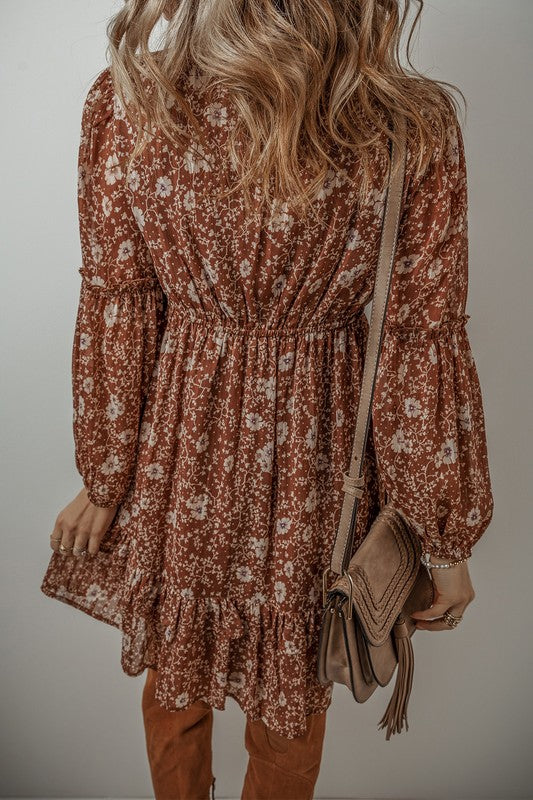 Boho Floral Ruffled Puff Sleeve Dress - (Brown)