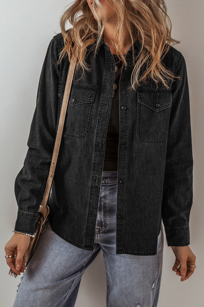 Denim Flap Pocket Buttoned Jacket - (Black)