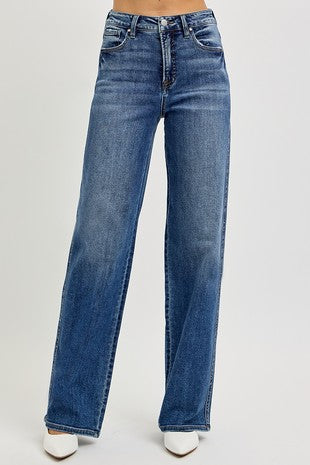 TUMMY CONTROL HIGH RISE WIDE BAGGY JEANS - (Dark)