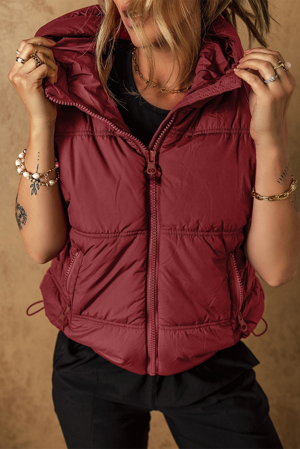 Hooded Puffer Vest - (Burgundy)