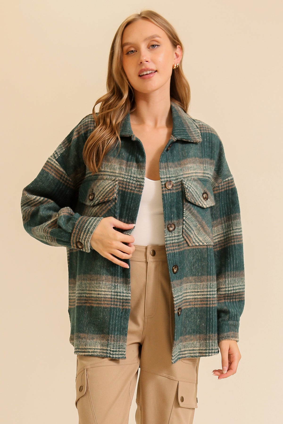 Fall Vibes Plaid Print Shacket - (Hunter/Taupe)