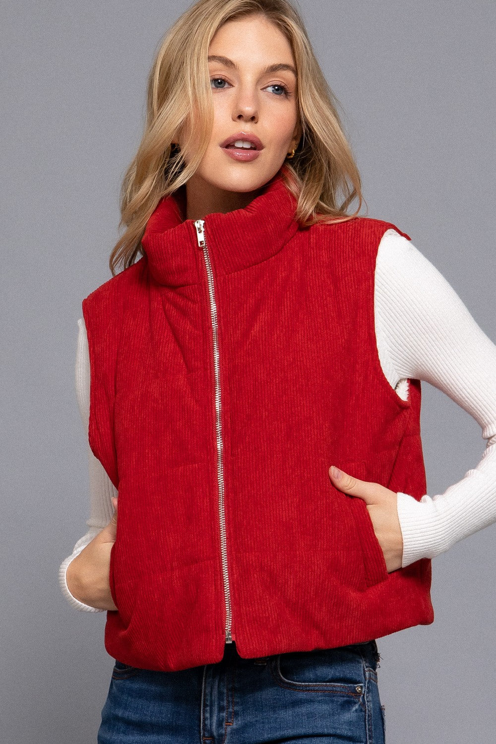 CORDUROY PUFFER VEST w/INNER FAUX FUR - (Red)