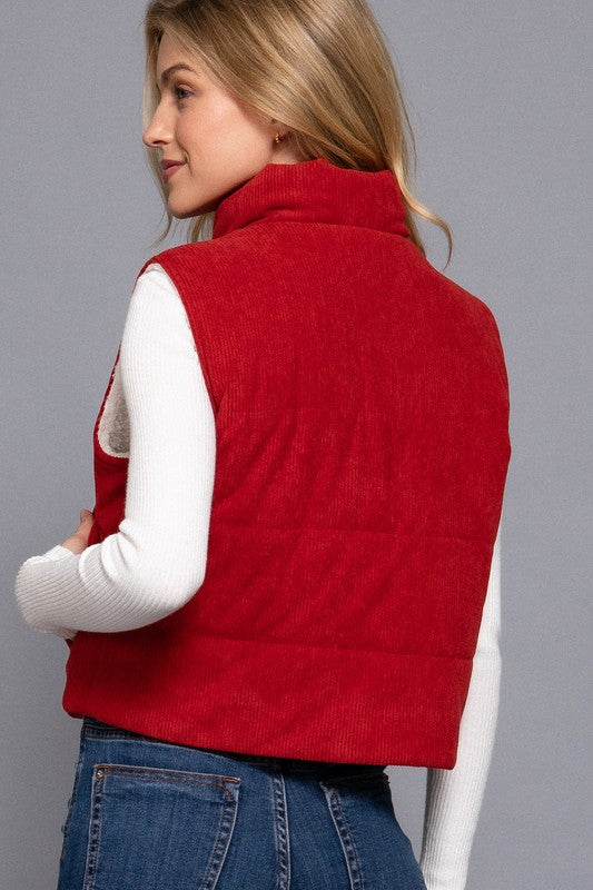 CORDUROY PUFFER VEST w/INNER FAUX FUR - (Red)