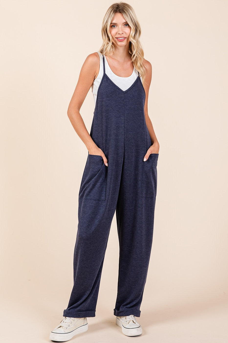 RELAXED FIT PATCH POCKET SLEEVELESS JUMPSUIT - (Navy)