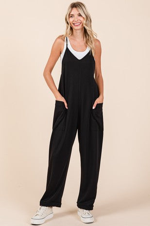 RELAXED FIT PATCH POCKET SLEEVELESS JUMPSUIT - (Black)