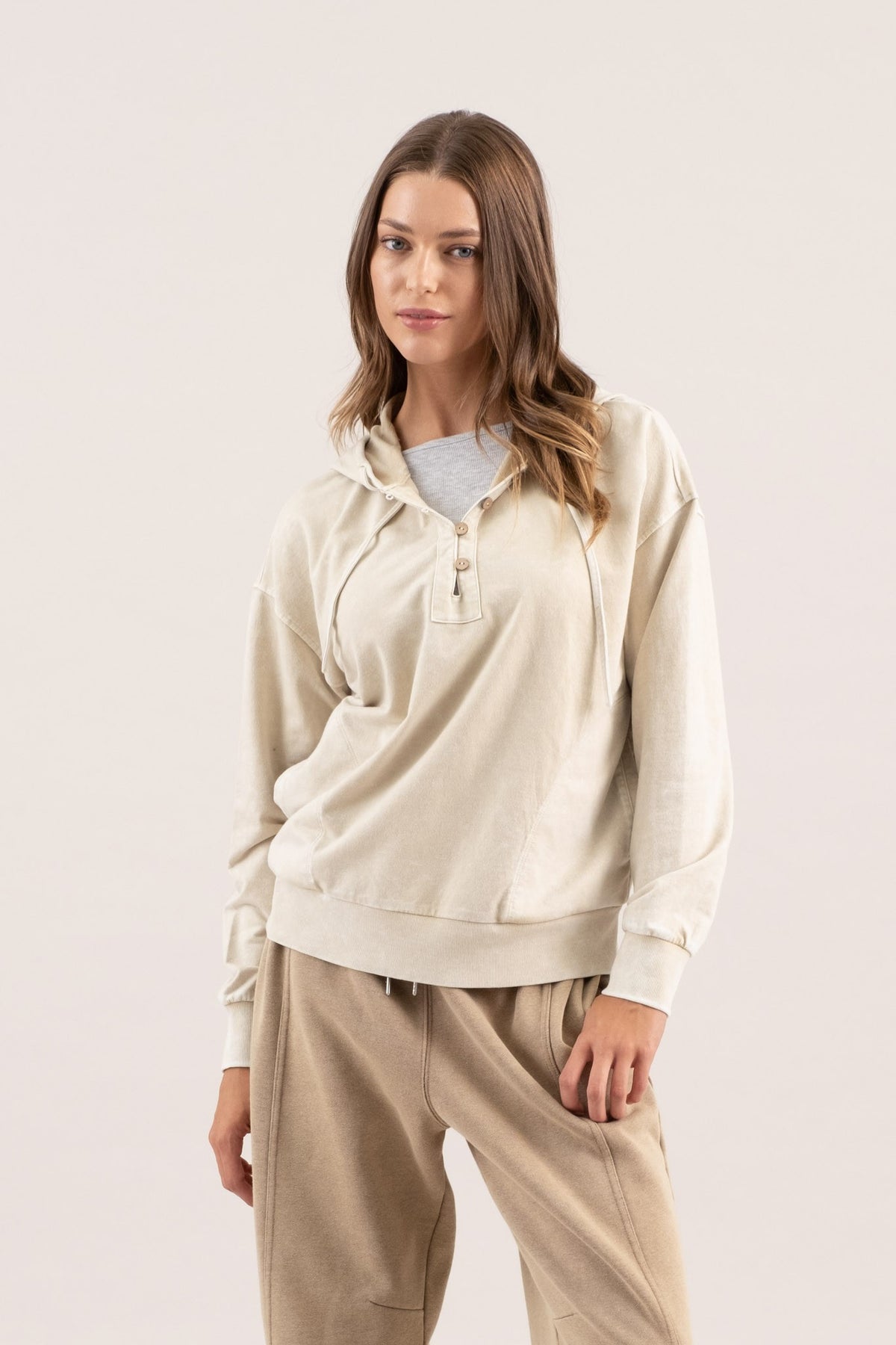 WASHED HOODED HENLEY KNIT SWEATER - (Oatmeal)