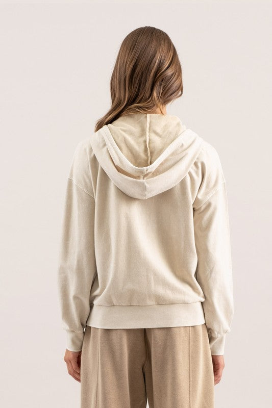 WASHED HOODED HENLEY KNIT SWEATER - (Oatmeal)