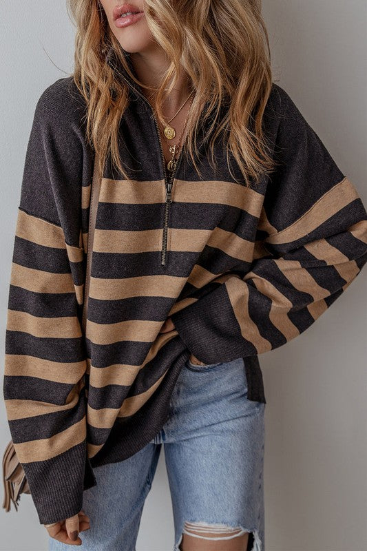 Stripe Quarter Zip Oversized Sweater - (Black)