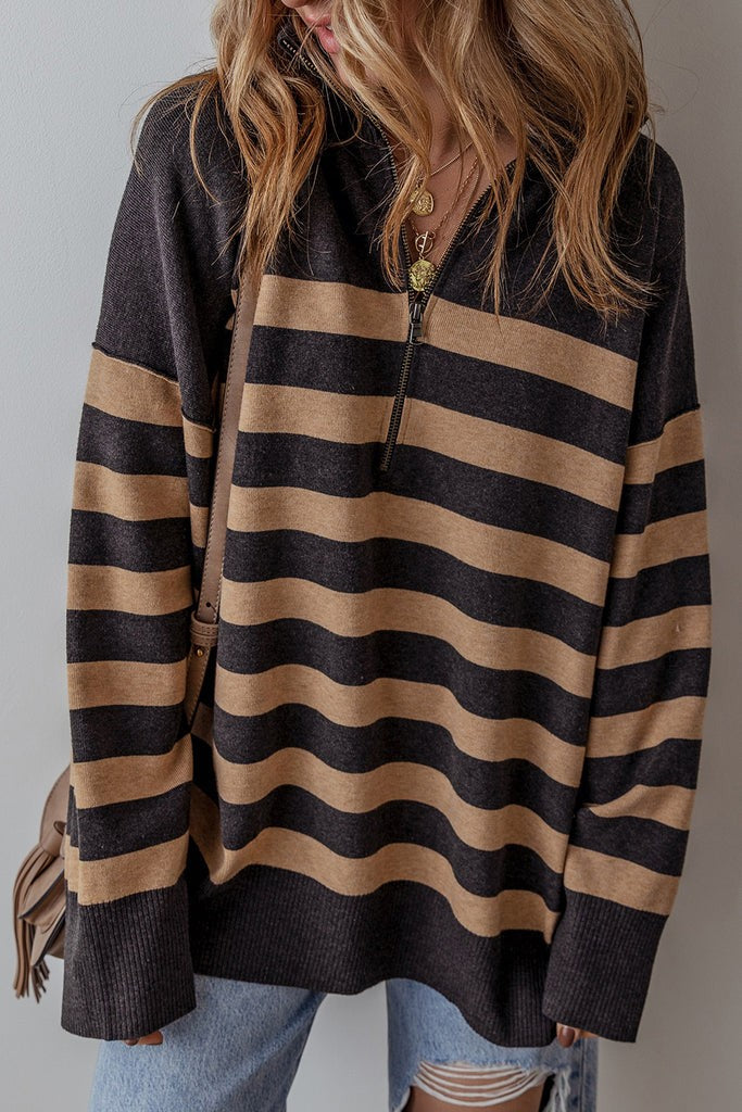 Stripe Quarter Zip Oversized Sweater - (Black)