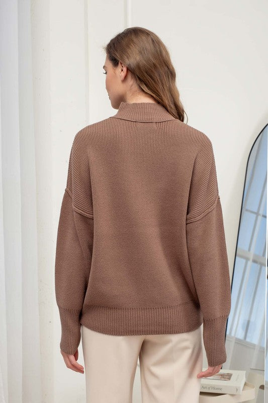 MOCK NECK RIBBED SWEATER - (Mocha)