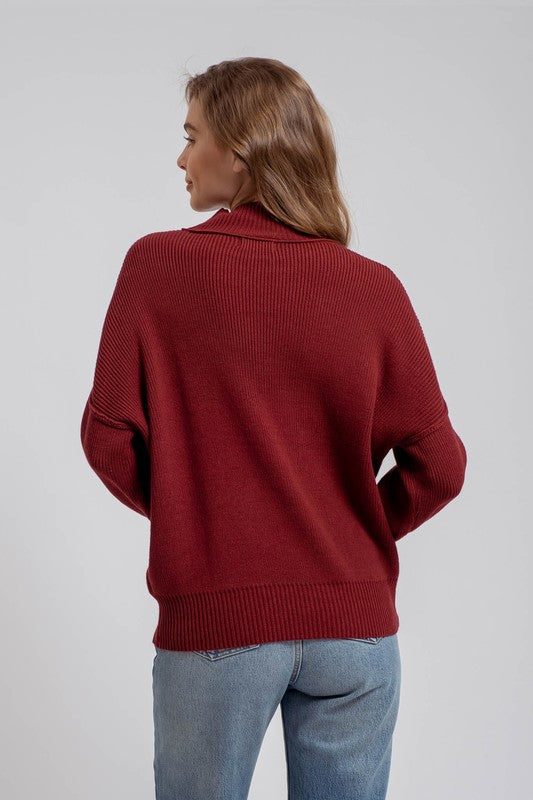 MOCK NECK RIBBED SWEATER - (Burgundy)