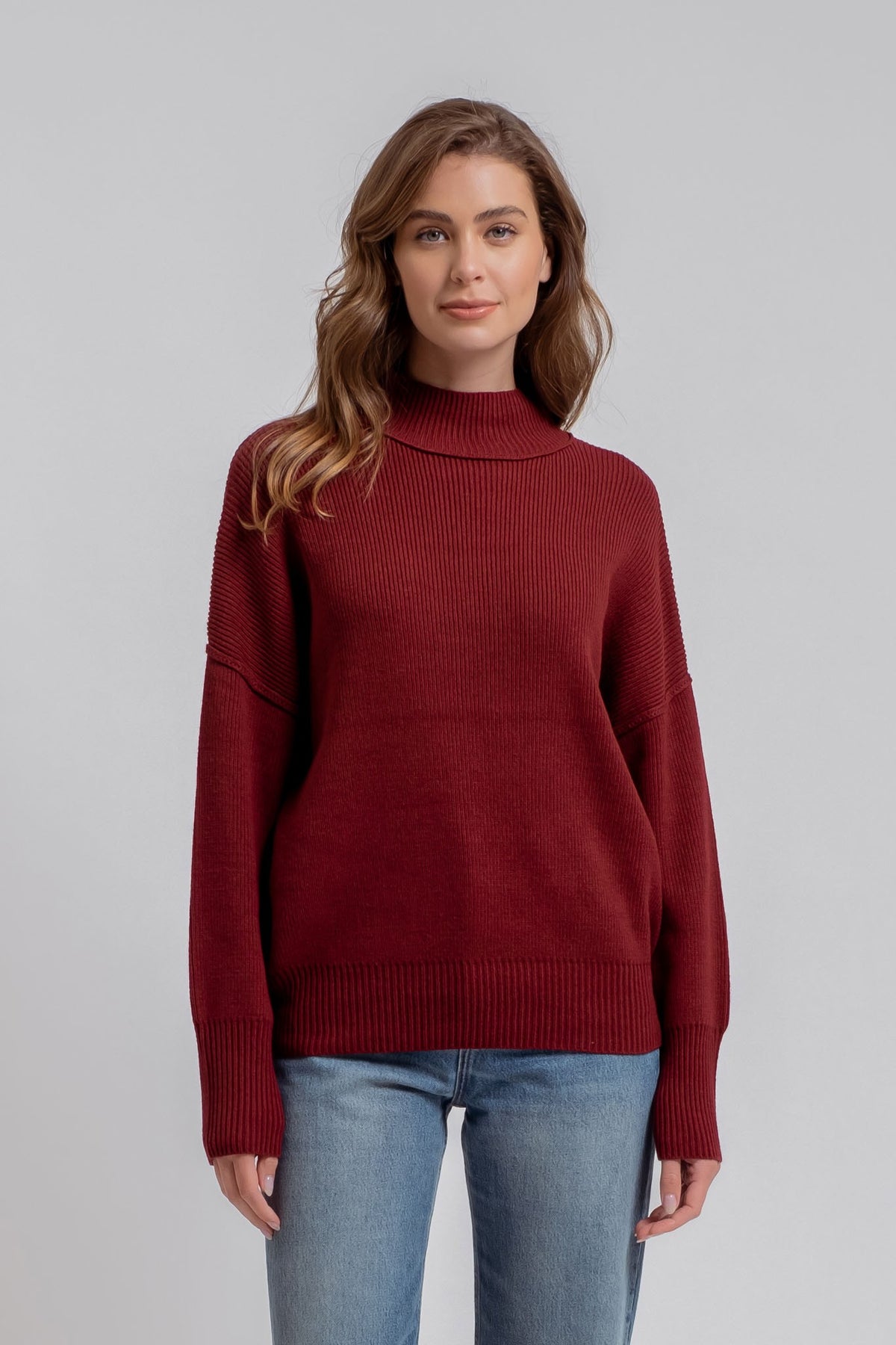 MOCK NECK RIBBED SWEATER - (Burgundy)