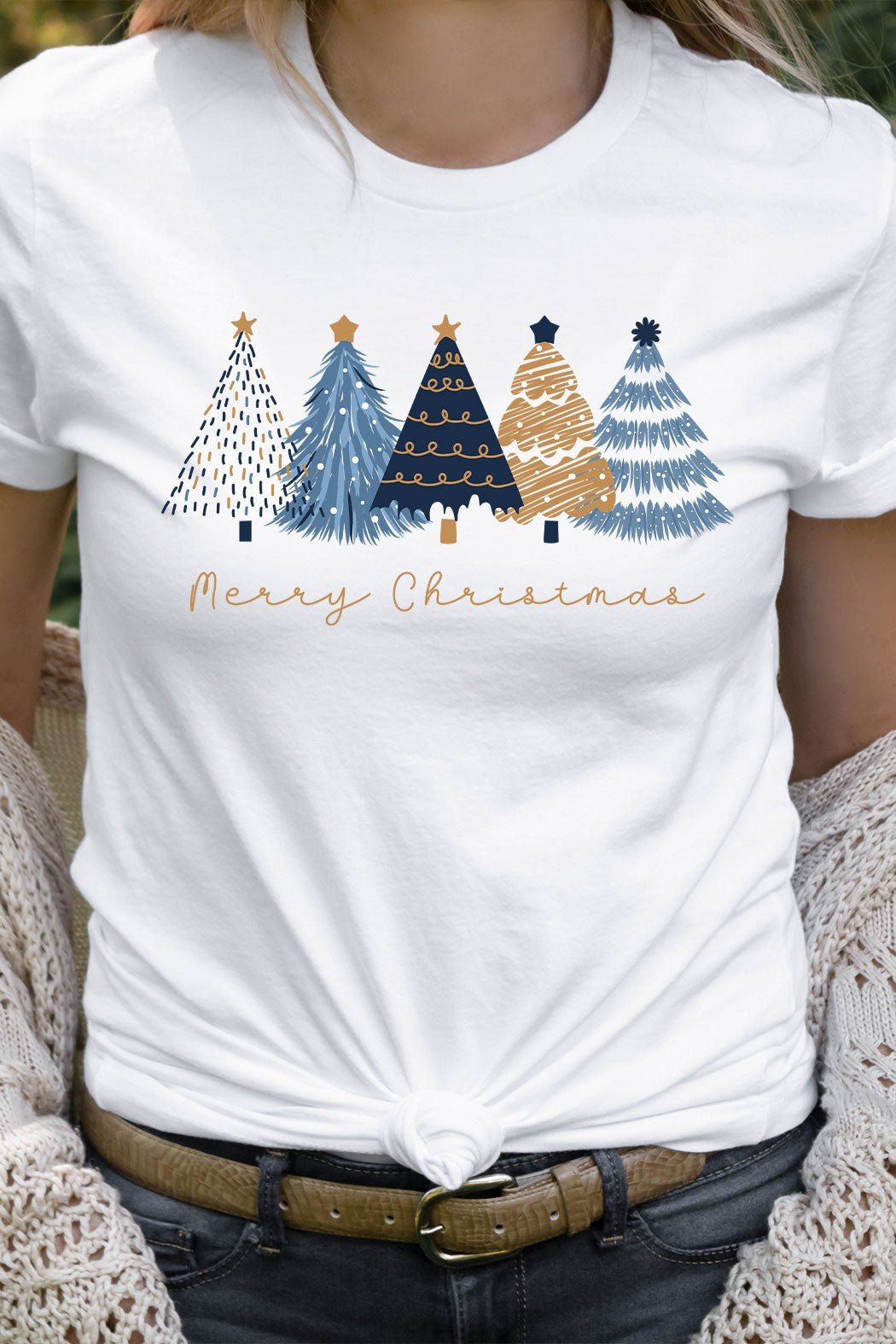 Blue &amp; Gold Merry Christmas Trees Graphic Tee - (White)