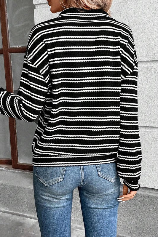 Stripe Zip Collar Long Sleeve Top - (Black)