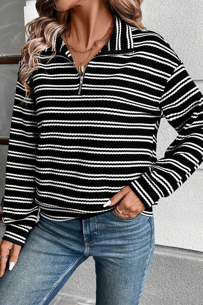 Stripe Zip Collar Long Sleeve Top - (Black)