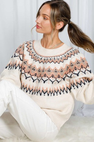 LONG SLEEVE JACQUARD PATTERN SWEATER - (Cream Multi)