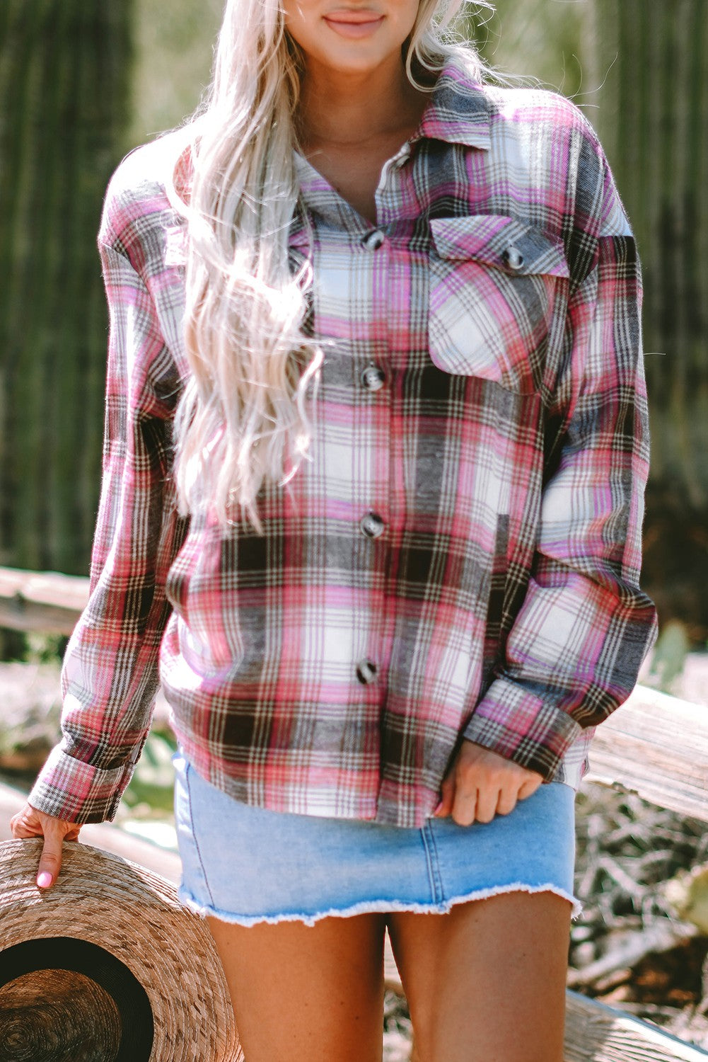 Pink Plaid Button Up Shacket - (Pink)