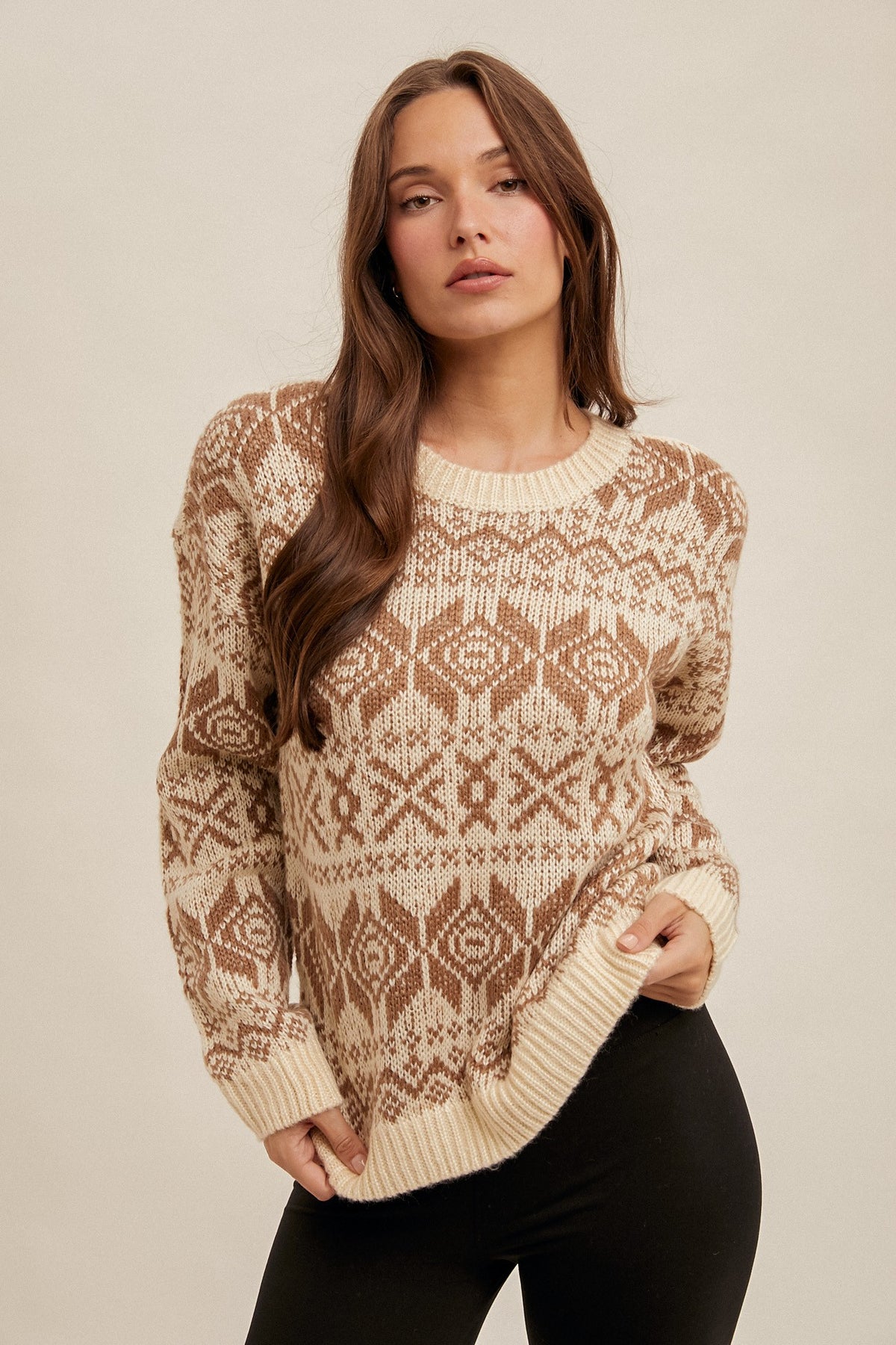 PATTERNED CREW NECK SWEATER - (Brown)