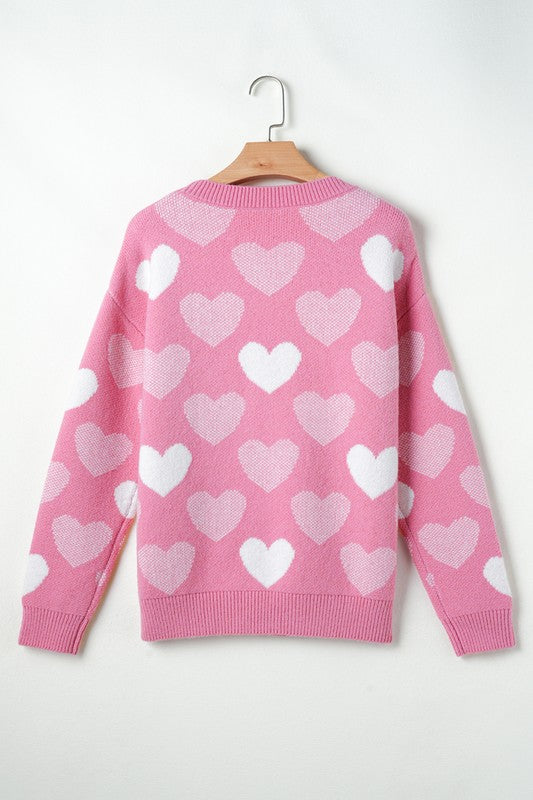 Pearl Heart Print Valentines Crew Neck Sweater - (Pink)