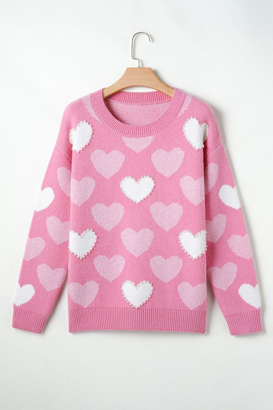 Pearl Heart Print Valentines Crew Neck Sweater - (Pink)